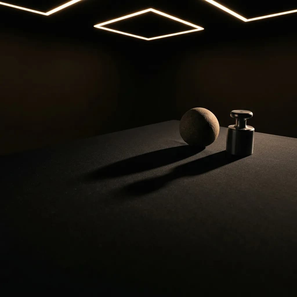 A medicine ball and calibration weight beneath geometric lights in a dark R1SE studio