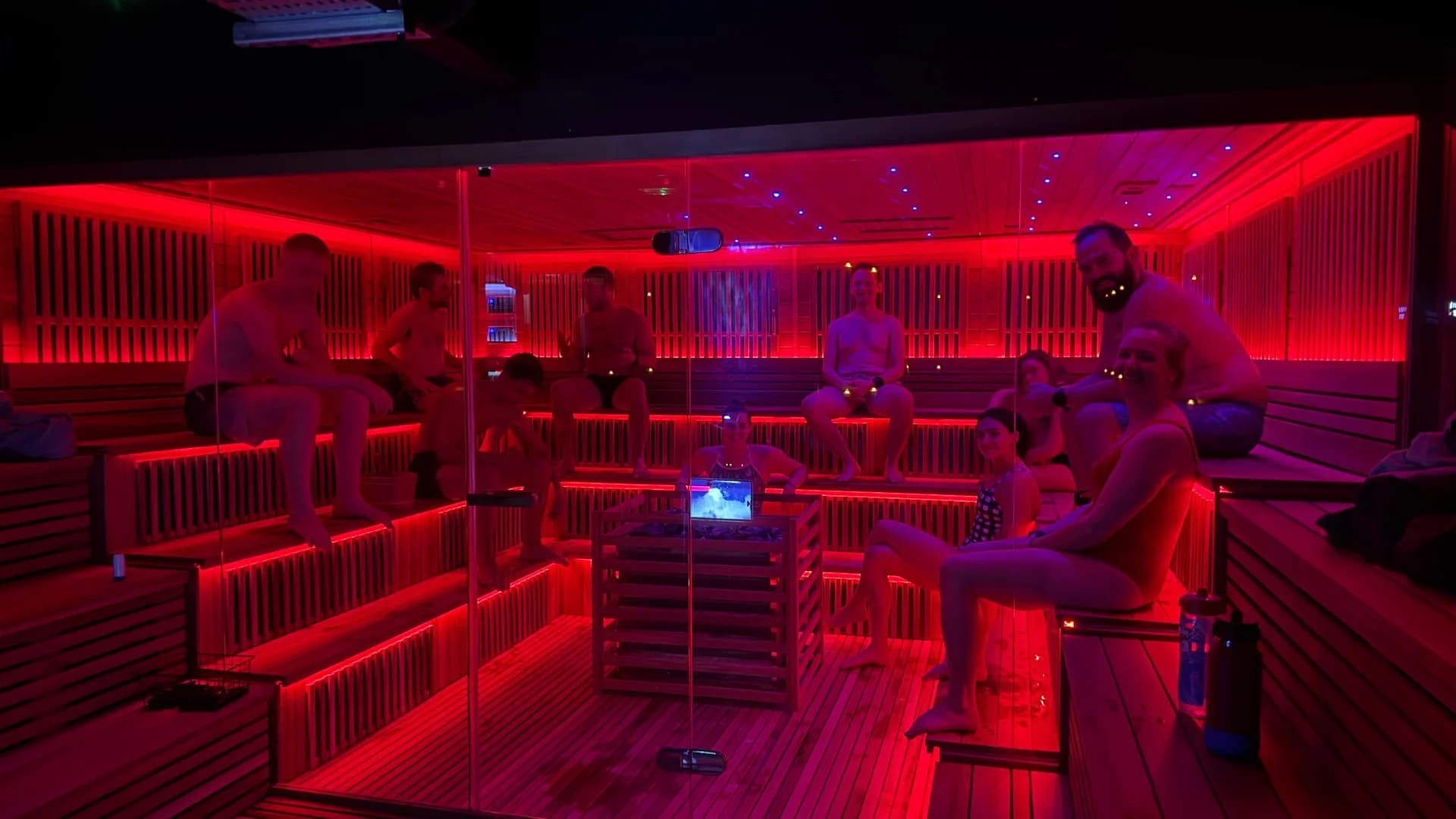 People recovering together in the sauna at R1SE Urban Spa in Sheffield.