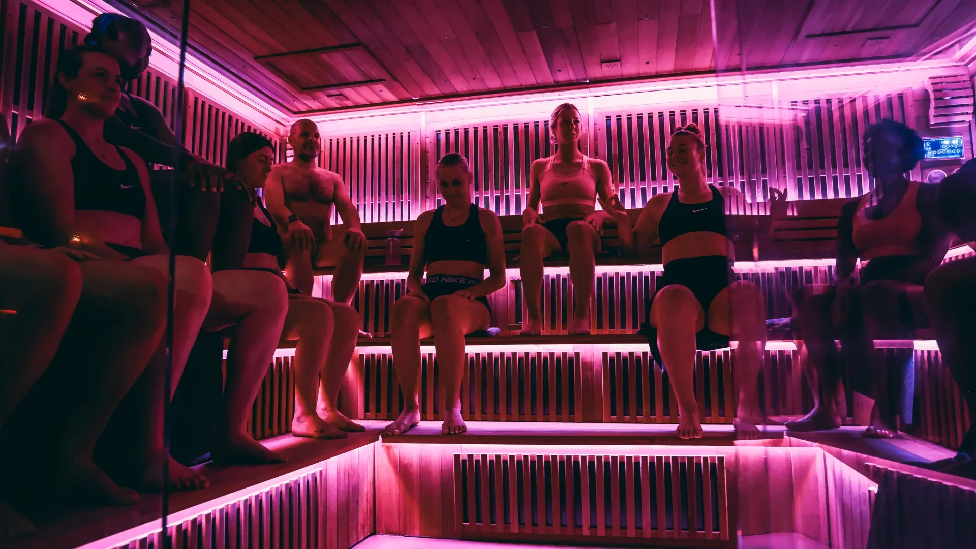 Members relaxing inside the sauna at R1SE Urban Spa in Kelham Island, Sheffield.
